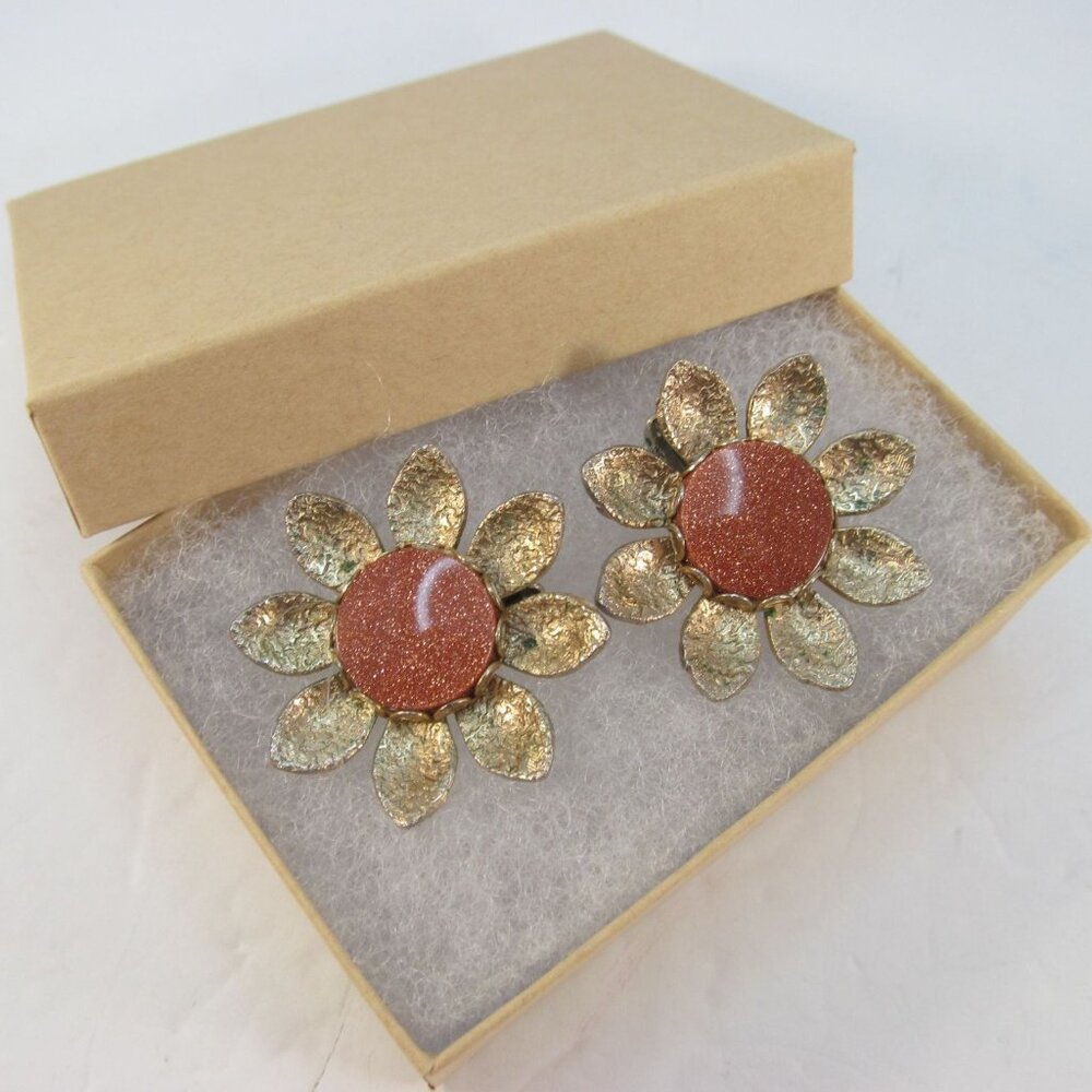 Vintage Golden Sandstone Flower Clip On Earrings